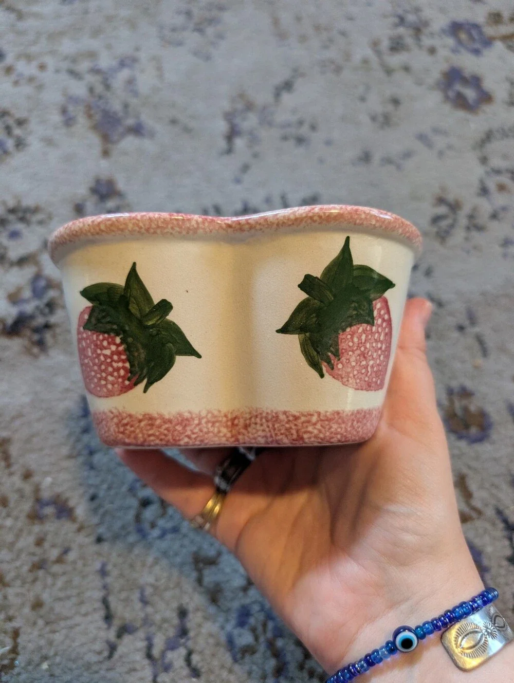 Y2K Speckled Pottery Painted Heart Shaped Ceramic Dish Strawberry Design Cottage